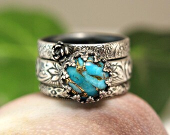 Turquoise Stacking Rings Set Vintage Style Copper Turquoise Antique  Sterling Silver Ring