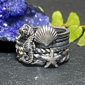 Seahorse Ring Seashell Starfish Stacking Set in Sterling Silver