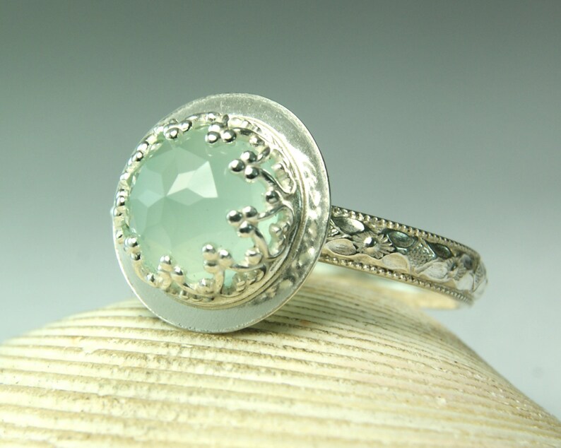 Aqua Chalcedony Ring Sterling Rose Cut Round Gemstone Cocktail Ring Thin Floral Band Silver Solitaire Ring