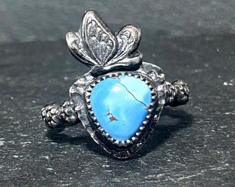 Sterling Silver Butterfly Ring with Rare Golden Turquoise, Whimsical Fantasy Jewelry, Size 9