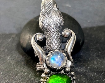 Blue Moonstone Snake Ring in Sterling Silver Chrome Diopside Gothic Serpent Ring