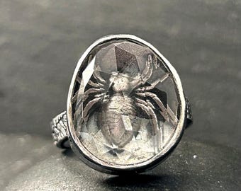 Spider Under Rose Cut Quartz Ring, Handmade Sterling Silver, Gothic Crystal, Spider Web Band