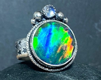 Aurora Opal Statement Ring in Sterling Silver Bohemian Moonstone Jewelry