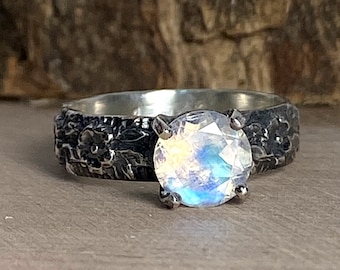 Blue Moonstone Engagement Ring in Sterling Silver