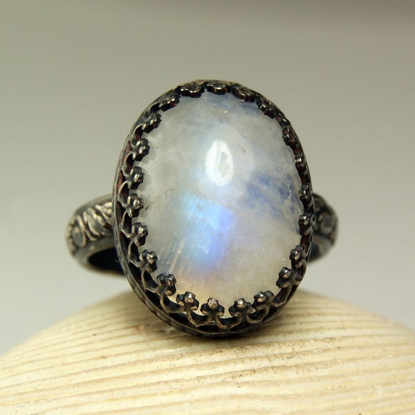 Moonstone Ring, Sterling Silver, Natural White Stone, Rainbow flash, Handmade Jewelry-made to order in your size