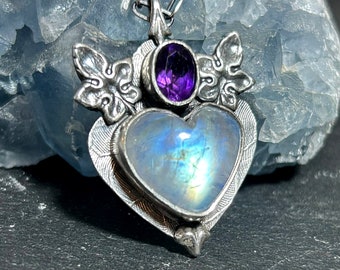 Heart Shape Rainbow Moonstone Necklace mixed with Amethyst in Sterling Silver