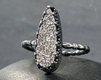 Icy Druzy Sparkle Ring in Sterling Silver, Handmade Statement Piece