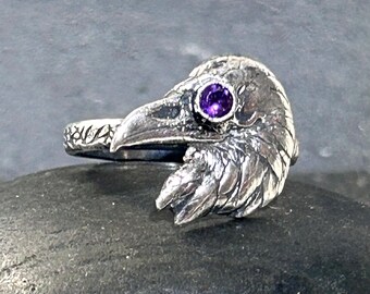 Custom Made Raven Skull Amethyst Ring in Solid Sterling Silver