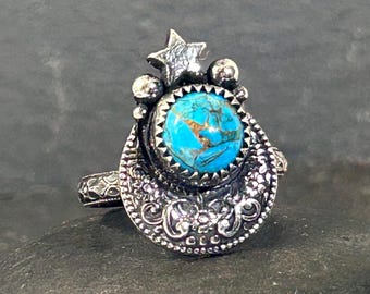 Copper Turquoise Moon and Star Ring – Sterling Silver Celestial Ring – Handmade Statement Ring