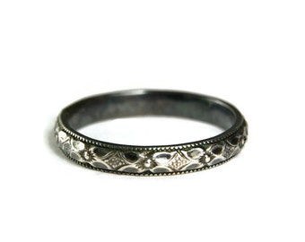 Oxidized Sterling Stacker Band 925 Floral Band Solid Sterling, Hand Made Jewelry Antiqued Finish Custom sized