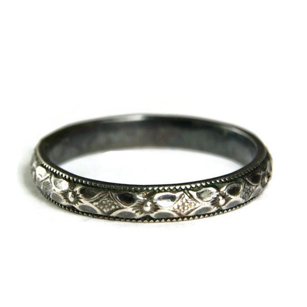 Oxidized Sterling Stacker Band 925 Floral Band Solid Sterling, Hand Made Jewelry Antiqued Finish Custom sized