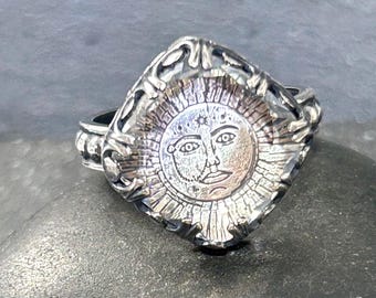 Celestial Sun Face Ring in Sterling Silver – Natural Clear Quartz Artisan Ring