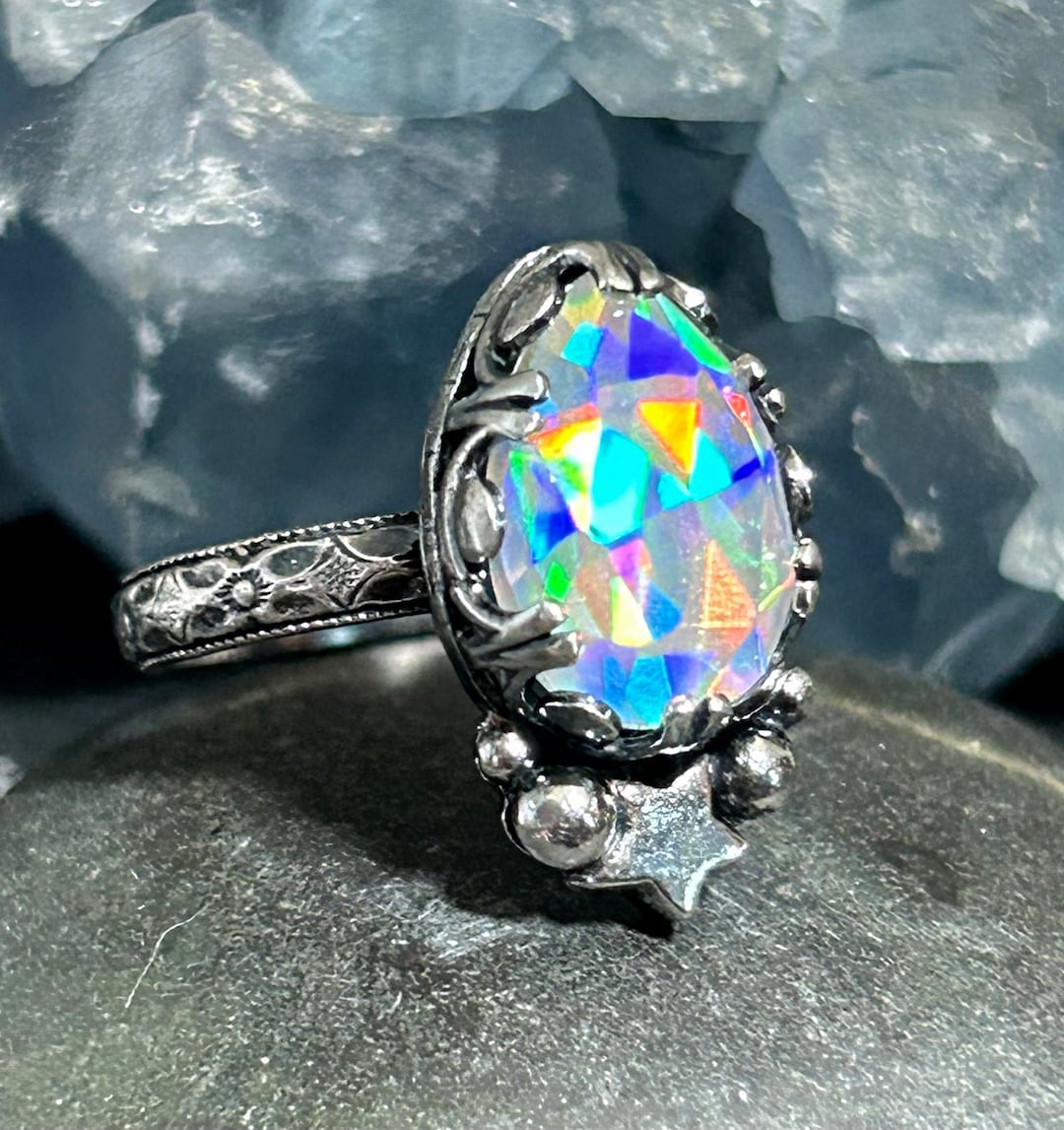 Rainbow Quartz Starlight Ring in Sterling Silver Unique Celestial