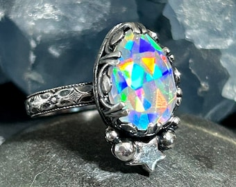 Rainbow Quartz Starlight Ring in Sterling Silver Unique Celestial Jewelry