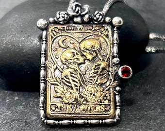 The Lovers Skeleton Tarot Card Necklace | Handcrafted Mixed Metal Pendant | Dark Whimsical Jewelry