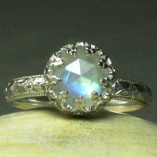 Sterling Silver Rainbow Moonstone Engagement Ring Fancy Bezel Setting Rose Cut Gemstone