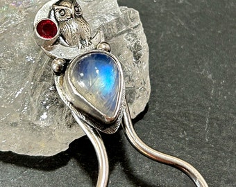 Blue Moonstone Owl Hair Fork in Sterling Silver