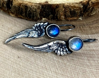Blue Moonstone Angel Wing Earrings in Sterling Silver