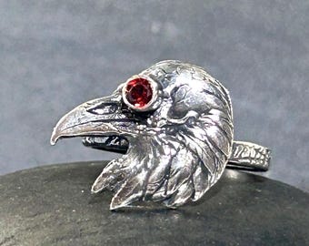 Custom Made Raven Skull Red Garnet Ring in Solid Sterling Silver