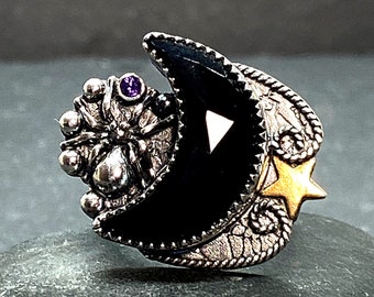New Orleans Crescent Moon Black Onyx Ring Sterling Spider Ring with Amethyst