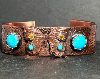 Copper Turquoise Butterfly Cuff Bracelet, Sleeping Beauty Turquoise and Citrine, Sterling Silver Set Stones