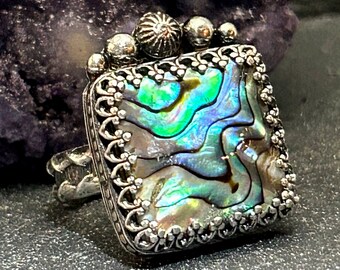 Square Abalone Shell Ring Sterling Silver Statement Jewelry