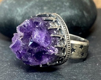 Natural Druzy Amethyst Ring in Sterling Silver Chunky Purple Stone