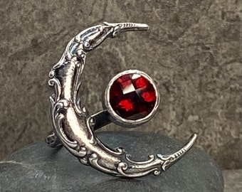 Garnet Crescent Moon Ring, Sterling Silver Red Moon Rising