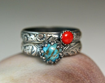 Copper Turquoise Stacking Set Sterling Silver Red Coral Ring Bohemian Style Jewelry Natural Stone Ring