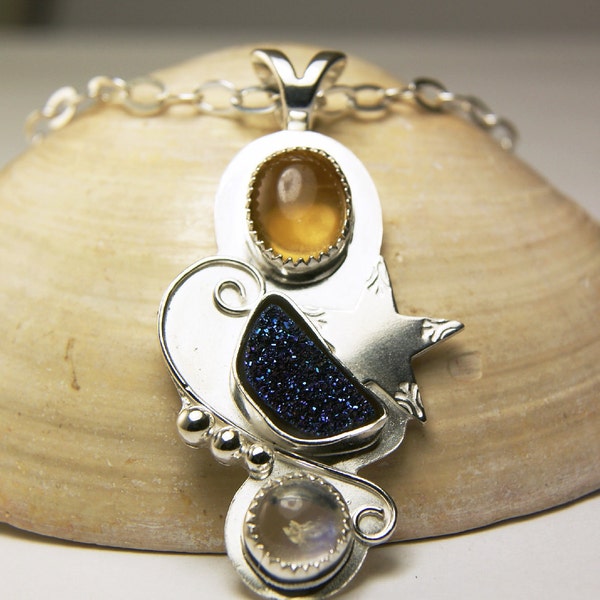 Sterling Silver Natural Stone Pedant, Crystal Druzy, Natural Citrine, Blue Moonstone, The Sun, Moon, and Earth