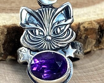 Warlock Kitty Cat Amethyst Ring in Sterling Silver Itty Bitty Kitty Collection