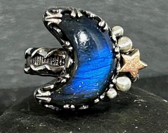 Labradorite Crescent Moon Ring , Sterling Silver Moonstone Jewelry, Bohemian Style