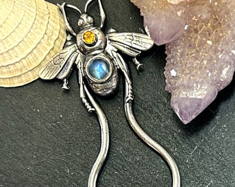 Bumble Bee Hairfork in Solid Sterling Silver, Moonstone Hair Pin