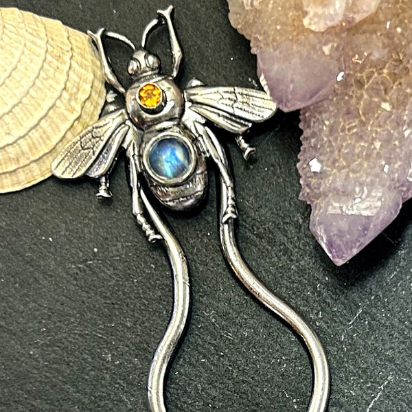 Bumble Bee Hairfork in Solid Sterling Silver, Moonstone Hair Pin