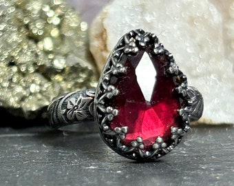 Pear Shape Red Garnet Stackable Ring in Sterling Silver