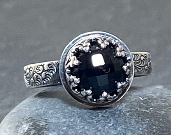 Black Onyx Sterling Silver Ring Round Rose Cut Stone