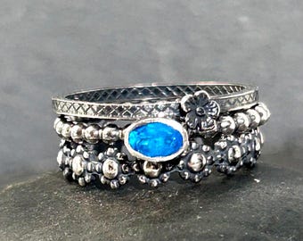 Natural Blue Apatite Ring Set | Handmade Sterling Silver Stacking Bands