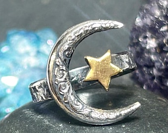 May include: A silver ring with a textured crescent moon design and a gold star charm.