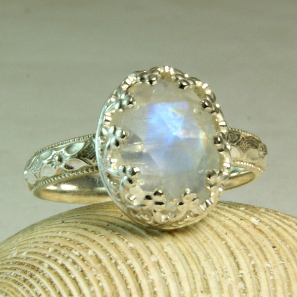 Victorian Style Moonstone Ring, Sterling Silver Ring for Women, Gift for Her, Faceted Oval Moonstone Ring