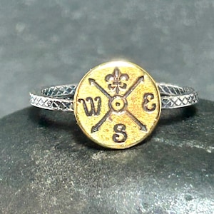 Handmade Sterling Silver & Brass Compass Stacking Ring – Fleur-de-Lis Mardi Gras Symbol