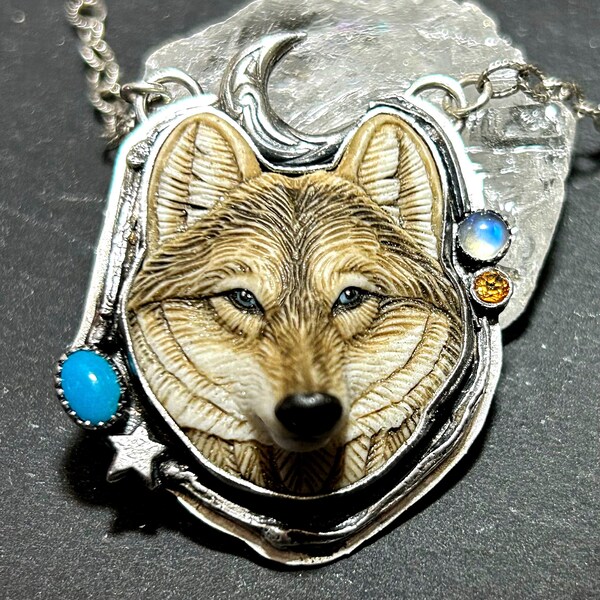 Wolf Necklace in Sterling Silver Natural Turquoise mixed with Blue Moonstone