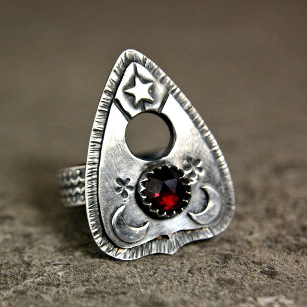 Planchette Ring, Witchy Style Sterling Silver Jewelry, Unique Garnet Statement Ring, Handmade Metalwork Ring