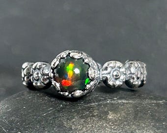 Bohemian Gothic Black Opal Ring in Sterling Silver