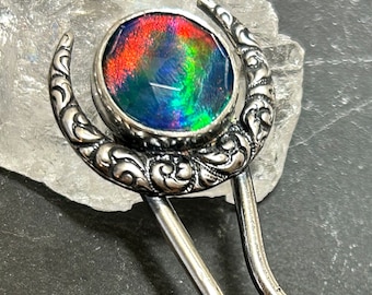 Aurora Opal Crescent Moon Hair Fork in Sterling Silver