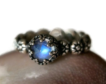 Blue Moonstone Ring Antiqued Sterling Silver Rainbow Moonstone Ring June Birthstone Jewelry Promise Ring