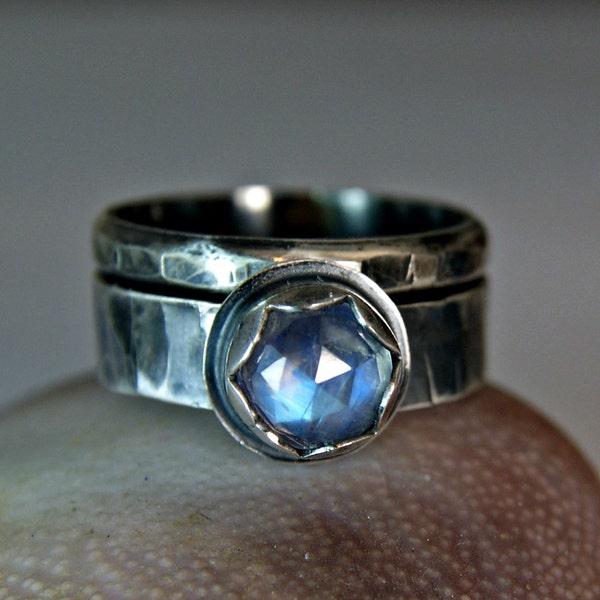 Rainbow Moonstone Wedding Set Antiqued Sterling Silver Engagement Ring Bohemian Jewelry