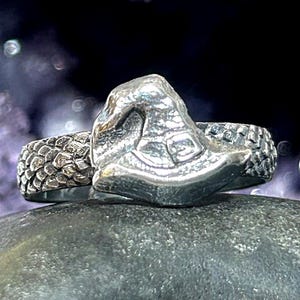 May include: A silver ring with a textured band and a large, irregularly shaped centerpiece. The centerpiece has a rough, organic appearance, and the band features a scale-like pattern. The ring is displayed against a dark, blurred background.