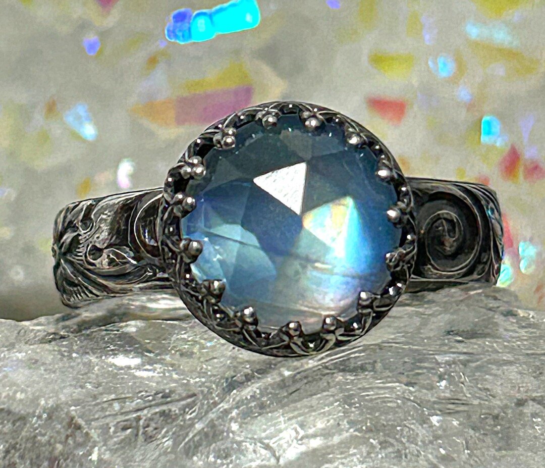 Rainbow Moonstone Ring Starlight Wedding Ring Sterling Silver