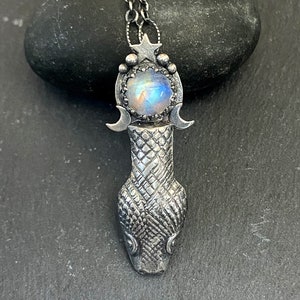 Moonstone Snake Head Necklace in Sterling Silver Witchy Style Pendant