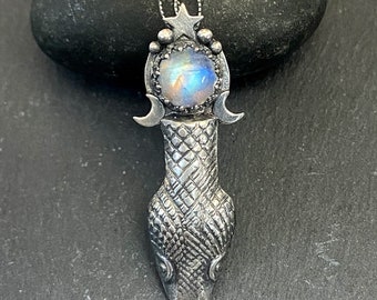 Moonstone Snake Head Necklace in Sterling Silver Witchy Style Pendant